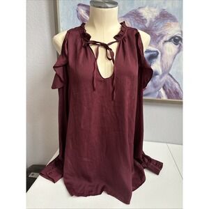 Miss Me Women's Large Maroon Peekaboo Ruffle‎ Off Shoulder Long Sleeve Blouse
